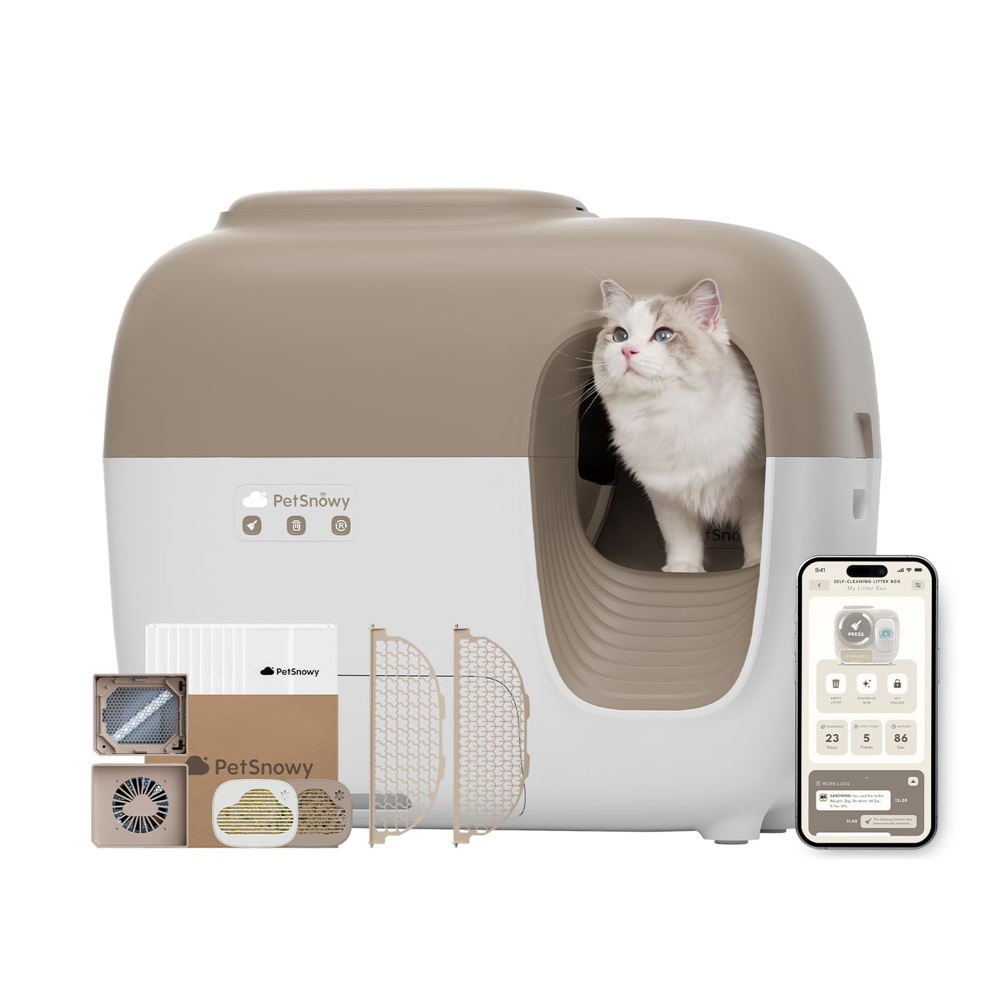 PetSnowy Self Cleaning Cat Litter Tray, Automatic Cat Litter Tray, Robot Litter Box with Odour Control TiO2 System, Auto-Packing, App Control, Large Cats & Multiple Cats Friendly(2025 Premium)