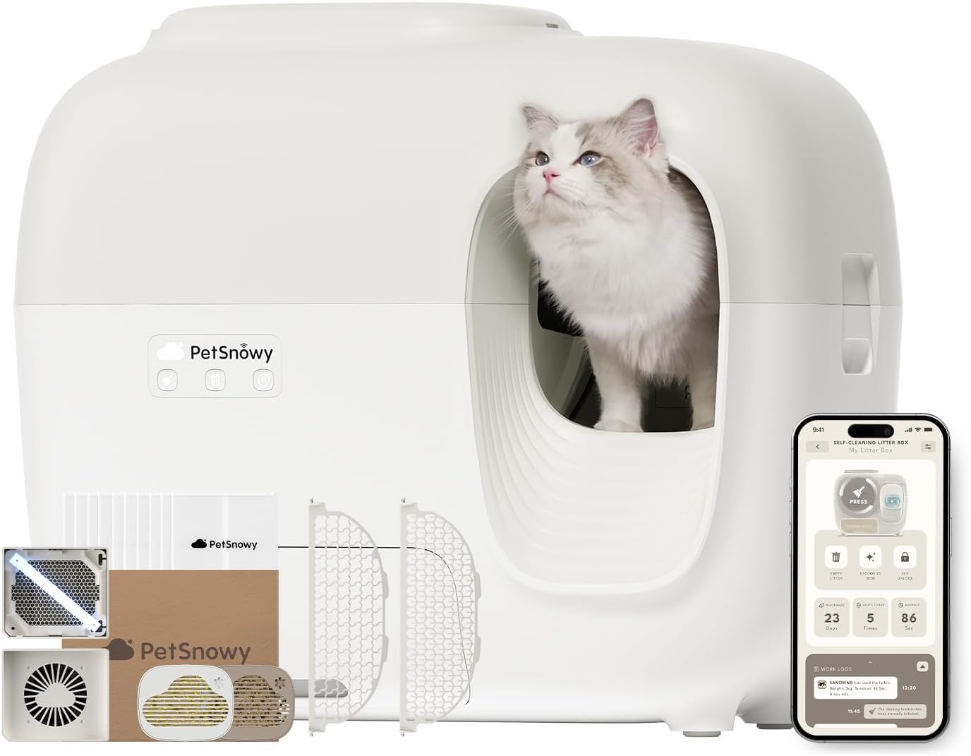 PetSnowy Self Cleaning Cat Litter Tray, Automatic Cat Litter Tray, Robot Litter Box with Odour Control TiO2 System, Auto-Packing, App Control, Large Cats & Multiple Cats Friendly(2025 Premium)