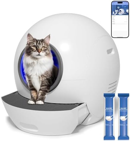 Self Cleaning Cat Litter Tray Automatic Cats Litter Box with Door 60L Smart Robot Litter Tray with APP Safety Protection, Smart Closed Cats Toilet with 2x Cat Litters)