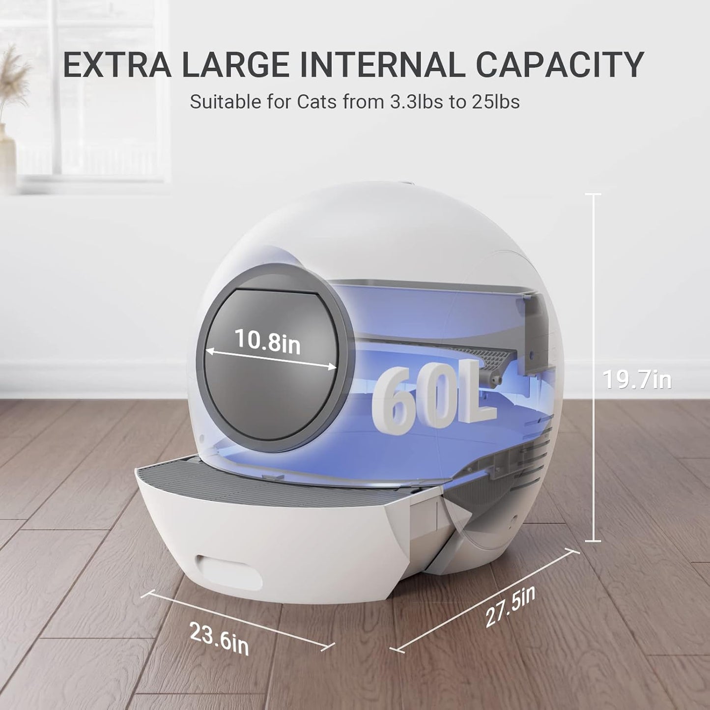 Self Cleaning Cat Litter Tray Automatic Cats Litter Box with Door 60L Smart Robot Litter Tray with APP Safety Protection, Smart Closed Cats Toilet with 2x Cat Litters)