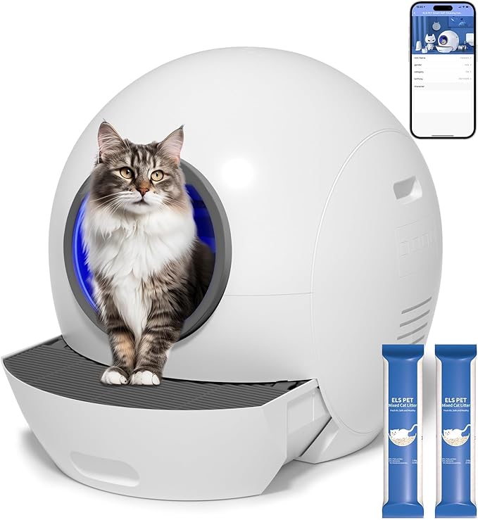 Self Cleaning Cat Litter Tray Automatic Cats Litter Box with Door 60L Smart Robot Litter Tray with APP Safety Protection, Smart Closed Cats Toilet with 2x Cat Litters)