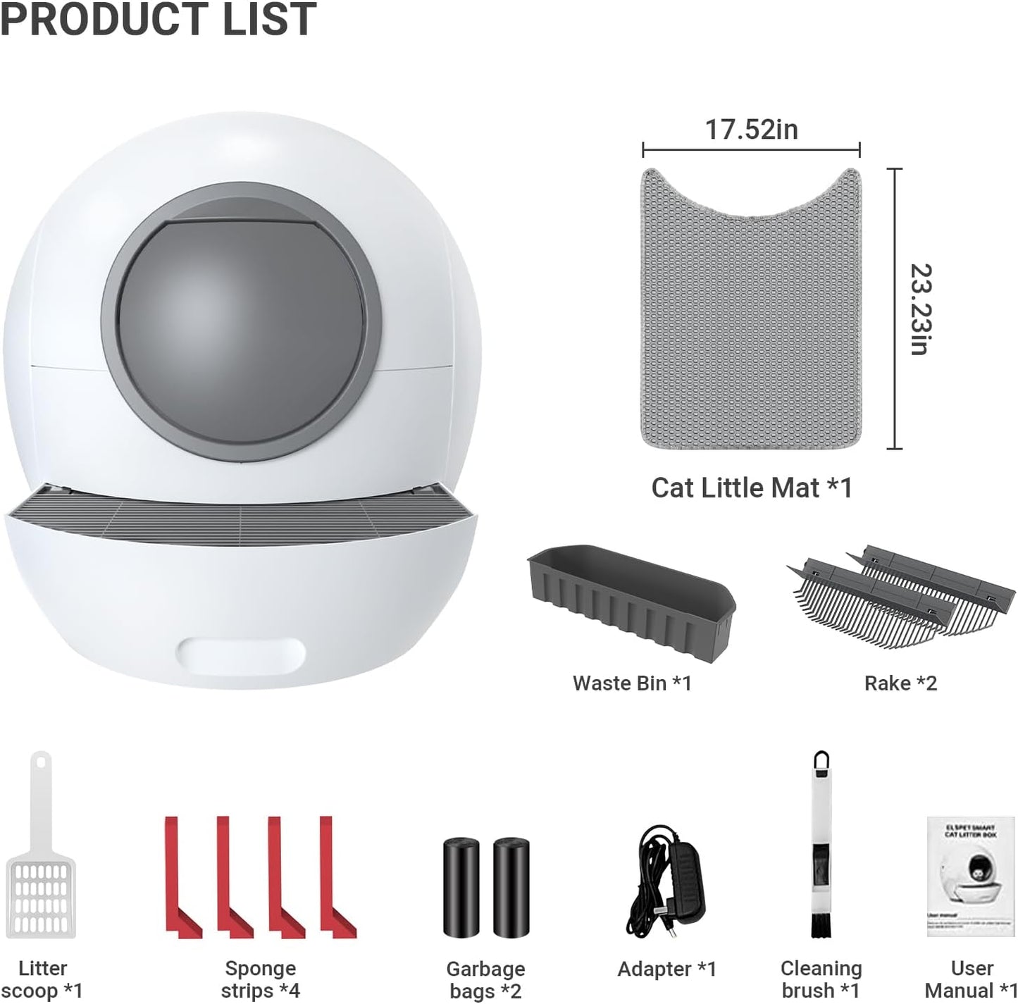 Self Cleaning Cat Litter Tray Automatic Cats Litter Box with Door 60L Smart Robot Litter Tray with APP Safety Protection, Smart Closed Cats Toilet with 2x Cat Litters)
