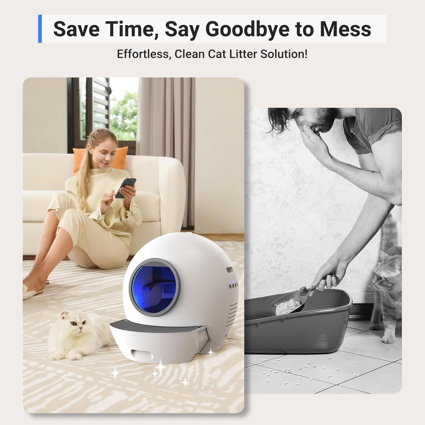 Self Cleaning Cat Litter Tray Automatic Cats Litter Box with Door 60L Smart Robot Litter Tray with APP Safety Protection, Smart Closed Cats Toilet with 2x Cat Litters)