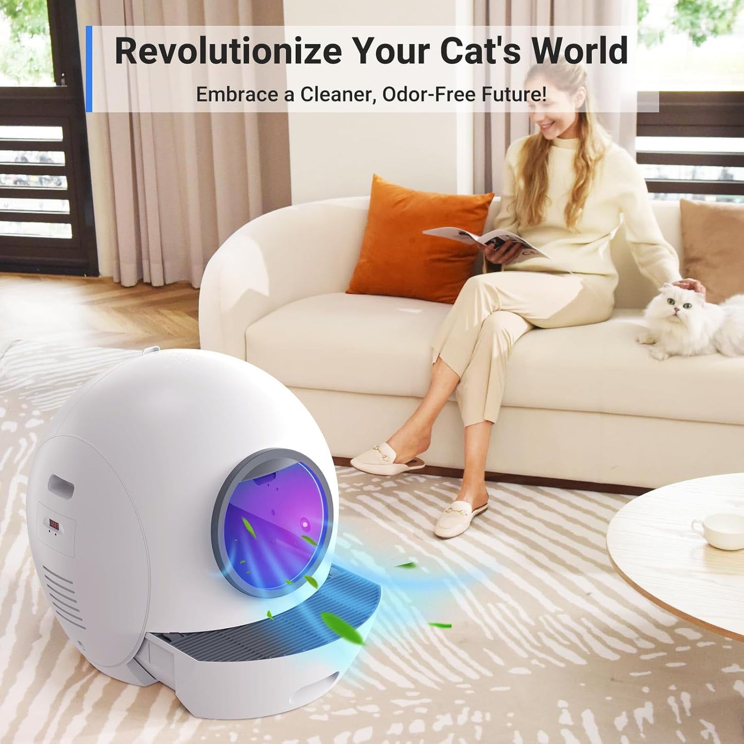 Self Cleaning Cat Litter Tray Automatic Cats Litter Box with Door 60L Smart Robot Litter Tray with APP Safety Protection, Smart Closed Cats Toilet with 2x Cat Litters)