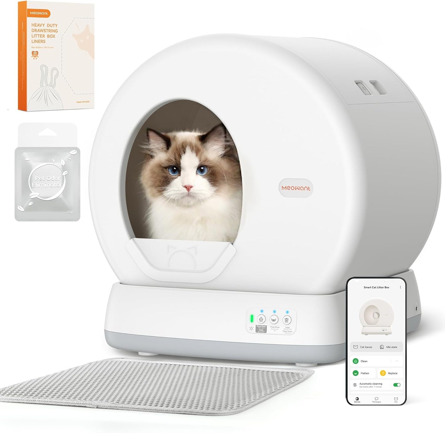 Self Cleaning Cat Litter Tray, Integrated Safety Protection Automatic Cat Litter Tray for Multiple Cats, Extra Large/Odor Removal/APP Control Smart Robot Tray with Mat & Liner