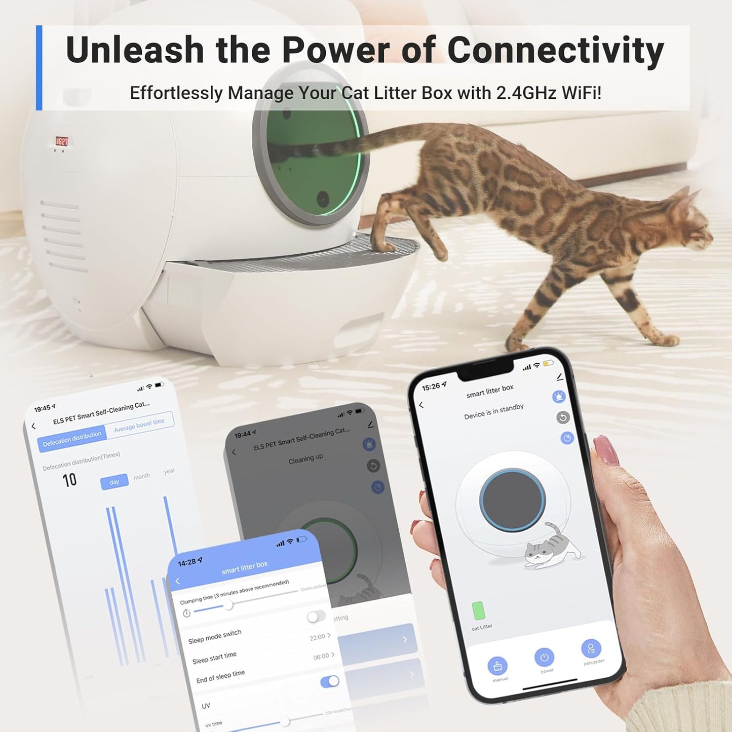Self Cleaning Cat Litter Tray Automatic Cats Litter Box with Door 60L Smart Robot Litter Tray with APP Safety Protection, Smart Closed Cats Toilet with 2x Cat Litters)