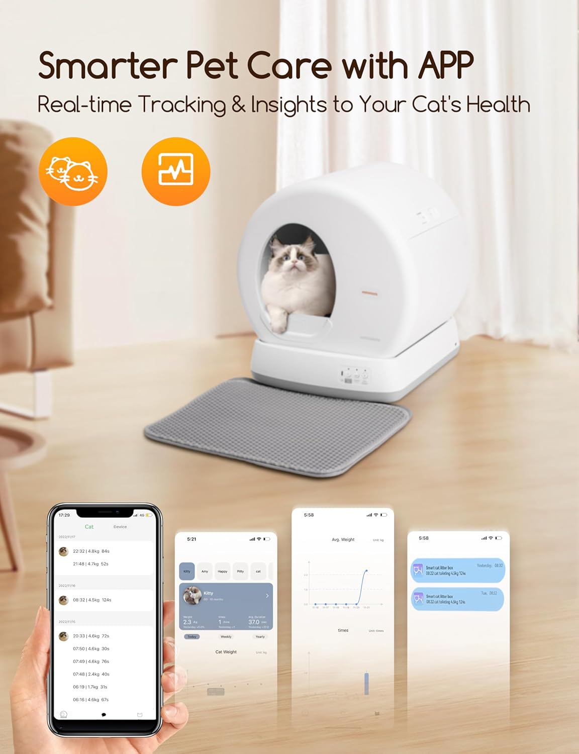 Self Cleaning Cat Litter Tray, Integrated Safety Protection Automatic Cat Litter Tray for Multiple Cats, Extra Large/Odor Removal/APP Control Smart Robot Tray with Mat & Liner