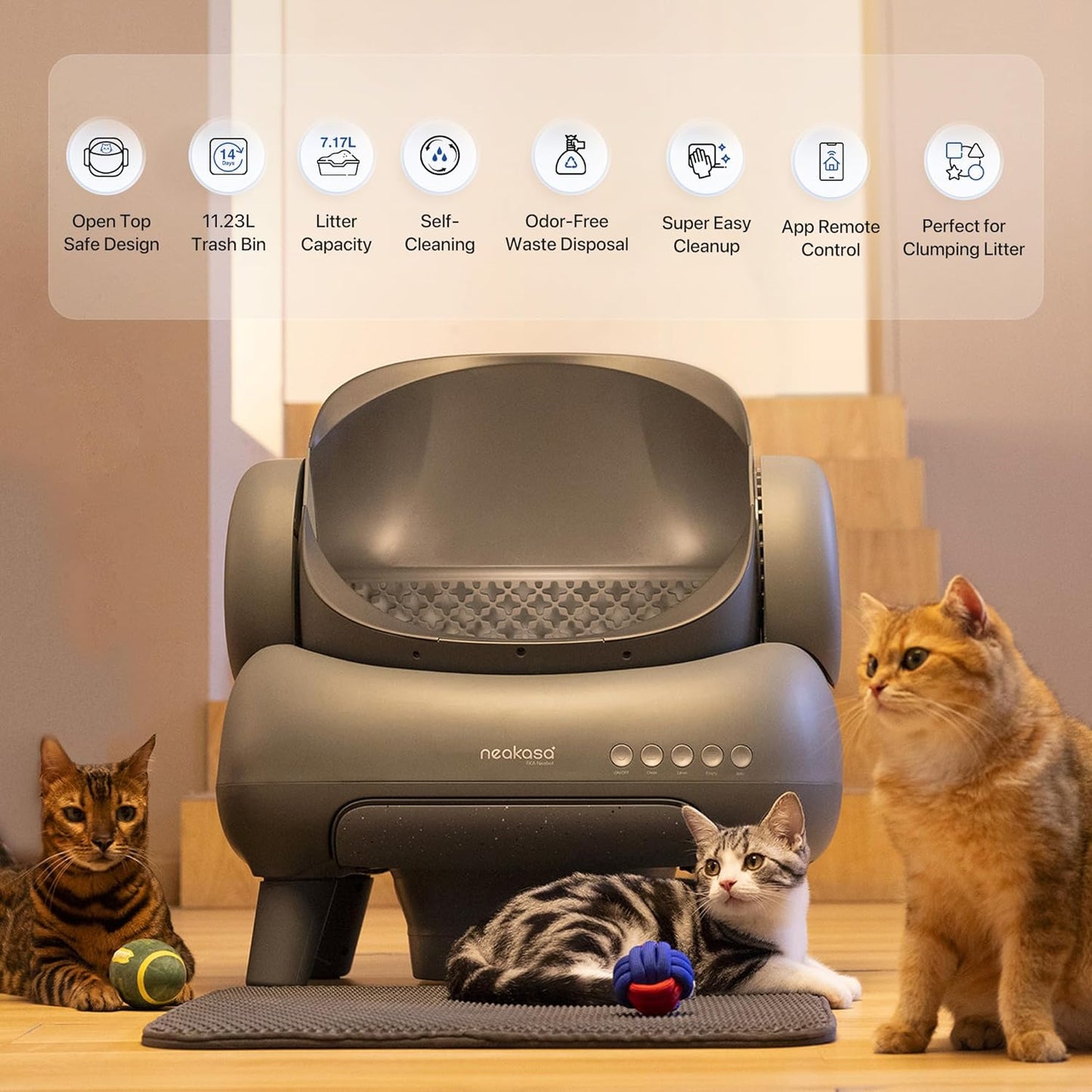 M1 Open-Top Self Cleaning Cat Litter Box, Automatic Cat Litter tray with APP Control, Odor-Free Waste Disposal Includes Trash Bags and Mat
